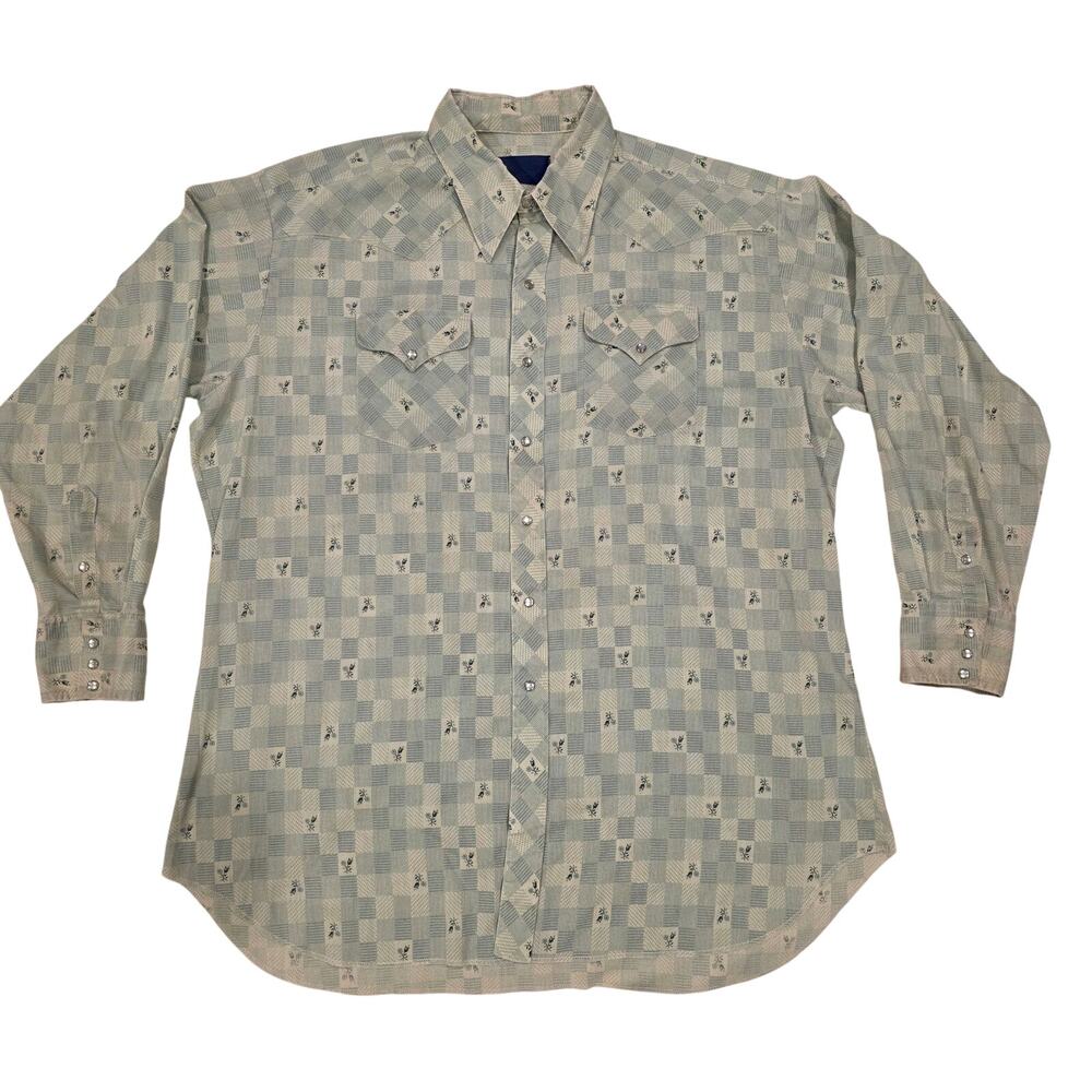Vintage Floral Checkered Pearl Snap Western Shirt 18.5 34 Sage Green